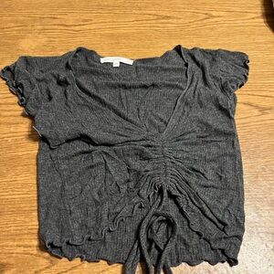 Gray Ribbed Ruched V-Neck Crop Top